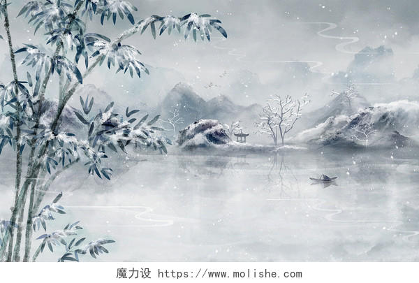 唯美冬天插画竹子植物雪景小寒山水风景中国风水墨水彩手绘背景
